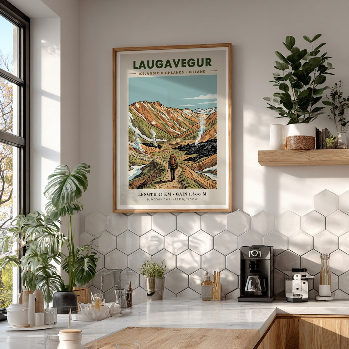 Poster of a hiker walking through the Laugavegur trail in the Icelandic Highlands mountains.