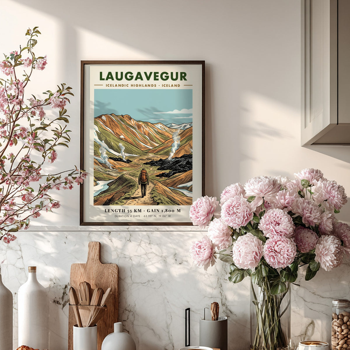 Poster of a hiker walking through the Laugavegur trail in the Icelandic Highlands mountains.