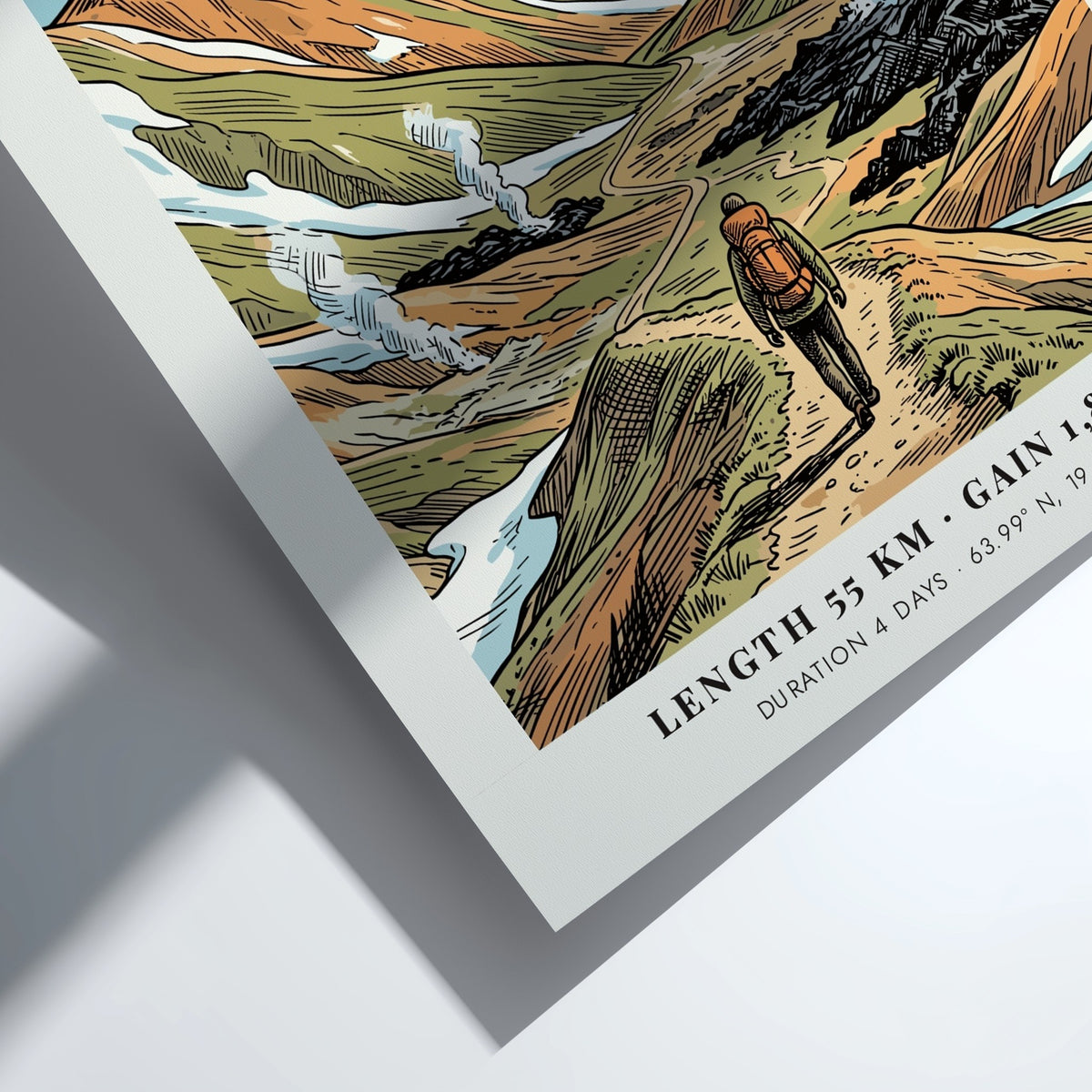Poster of a hiker walking through the Laugavegur trail in the Icelandic Highlands mountains.