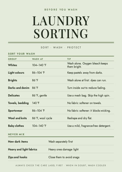 A printed informational sheet titled 'LAUNDRY SORTING' with tables and text about washing groups, temperatures, and care tips on a pale green background.