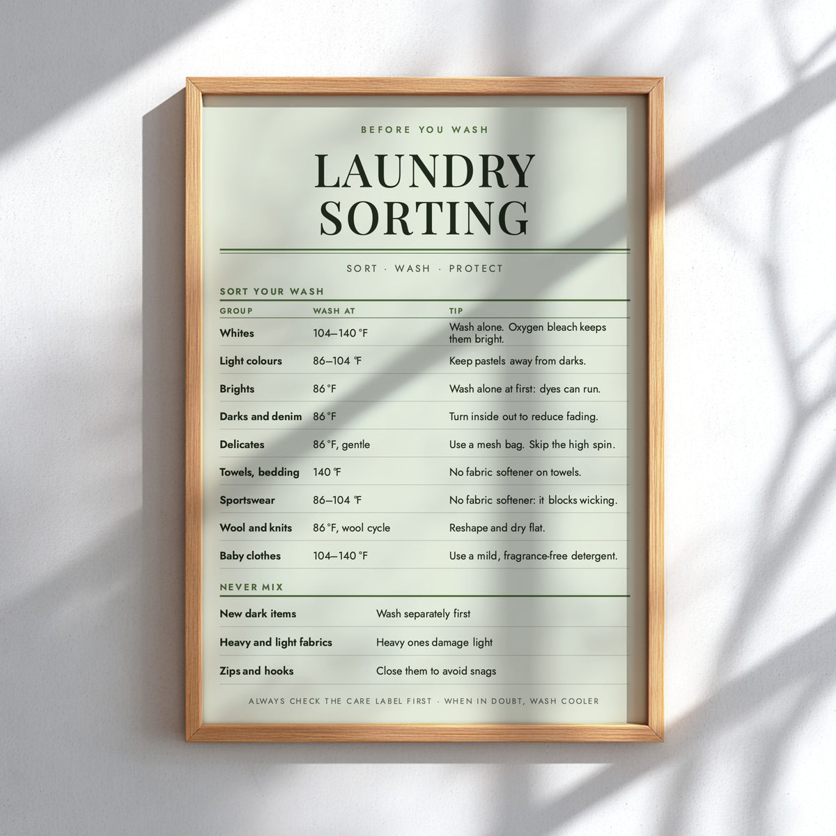 A printed informational sheet titled 'LAUNDRY SORTING' with tables and text about washing groups, temperatures, and care tips on a pale green background.