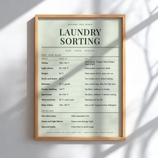A printed informational sheet titled 'LAUNDRY SORTING' with tables and text about washing groups, temperatures, and care tips on a pale green background.