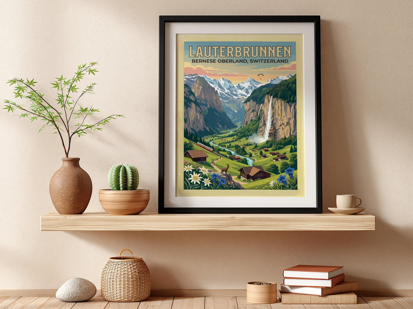 Travel poster featuring Lauterbrunnen Switzerland with waterfalls mountains wildflowers and a red train