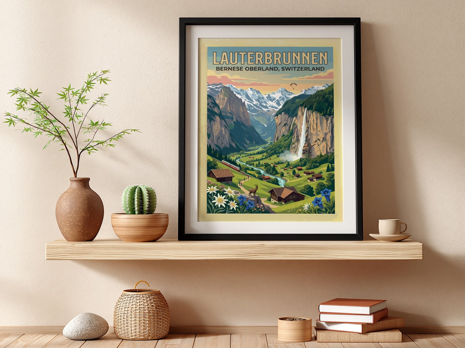 Travel poster featuring Lauterbrunnen Switzerland with waterfalls mountains wildflowers and a red train