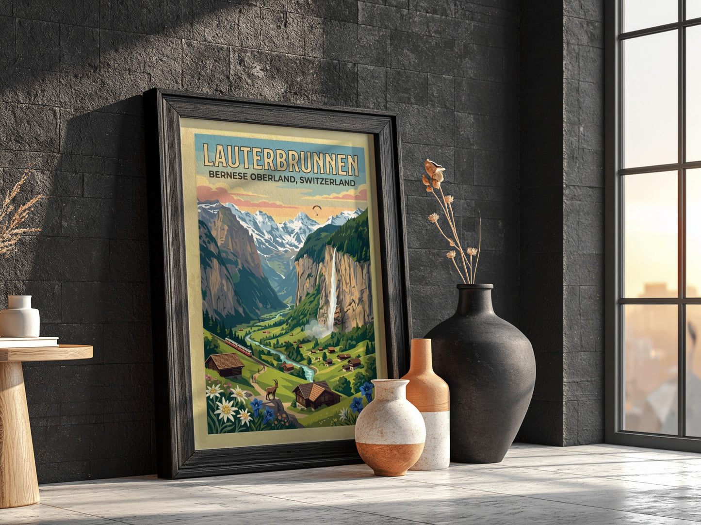 Travel poster featuring Lauterbrunnen Switzerland with waterfalls mountains wildflowers and a red train