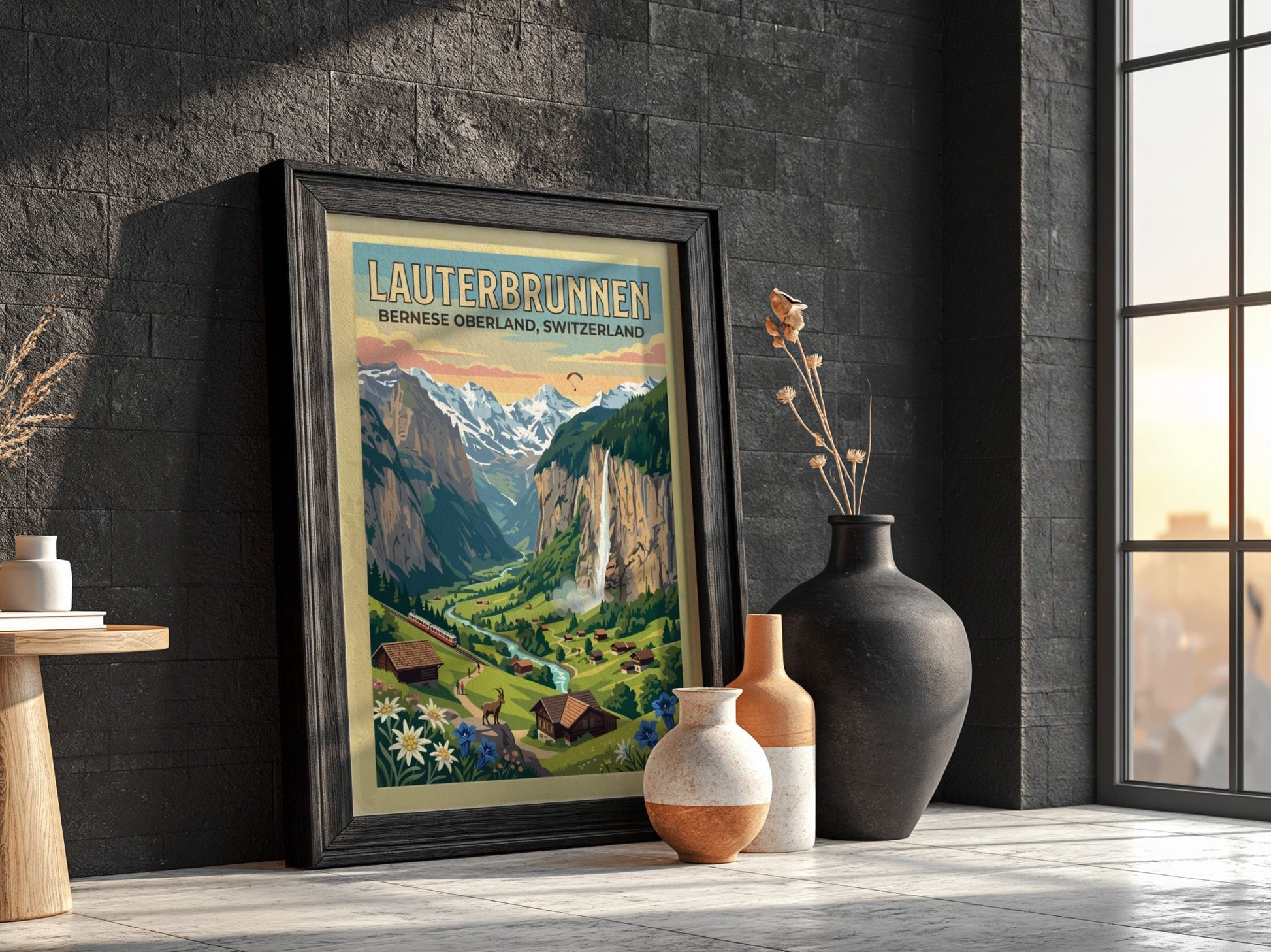 Travel poster featuring Lauterbrunnen Switzerland with waterfalls mountains wildflowers and a red train