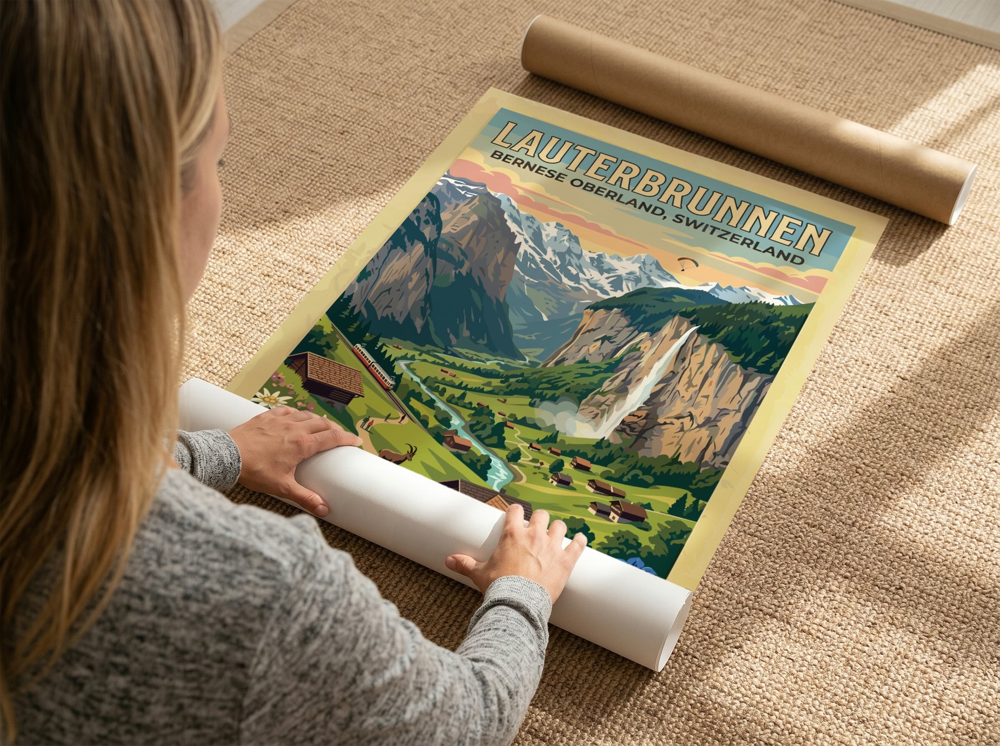 Travel poster featuring Lauterbrunnen Switzerland with waterfalls mountains wildflowers and a red train