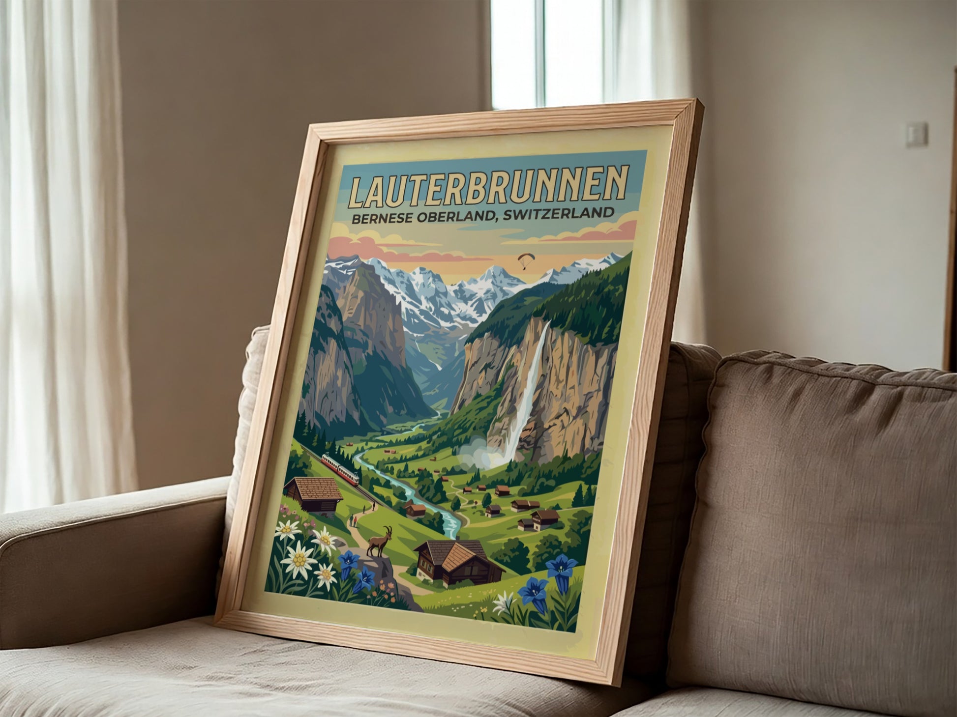 Travel poster featuring Lauterbrunnen Switzerland with waterfalls mountains wildflowers and a red train