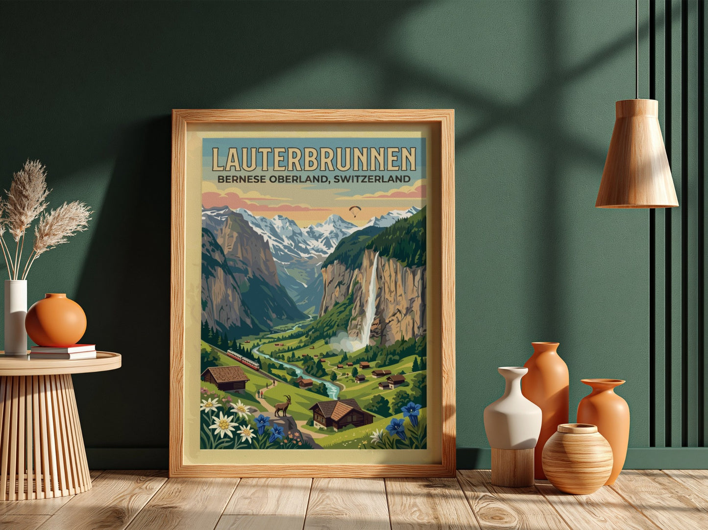 Travel poster featuring Lauterbrunnen Switzerland with waterfalls mountains wildflowers and a red train
