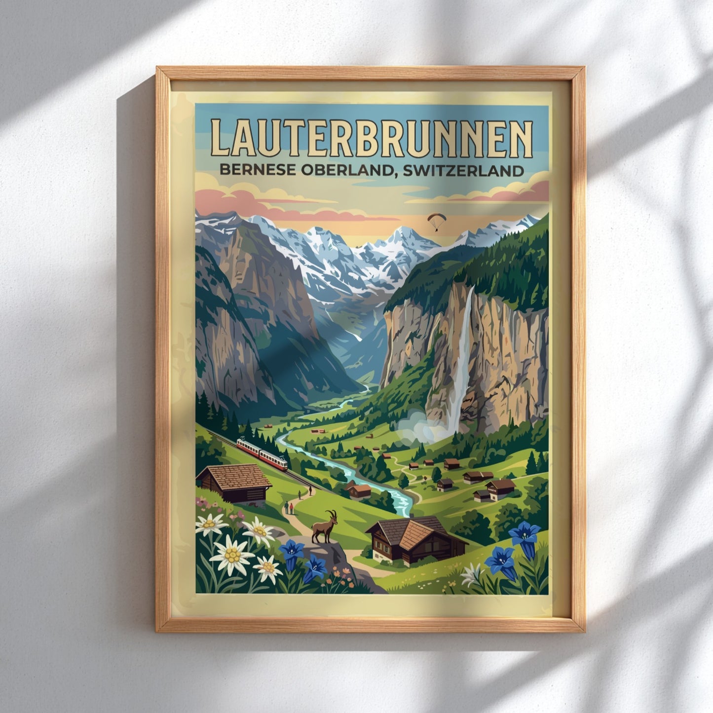 Travel poster featuring Lauterbrunnen Switzerland with waterfalls mountains wildflowers and a red train