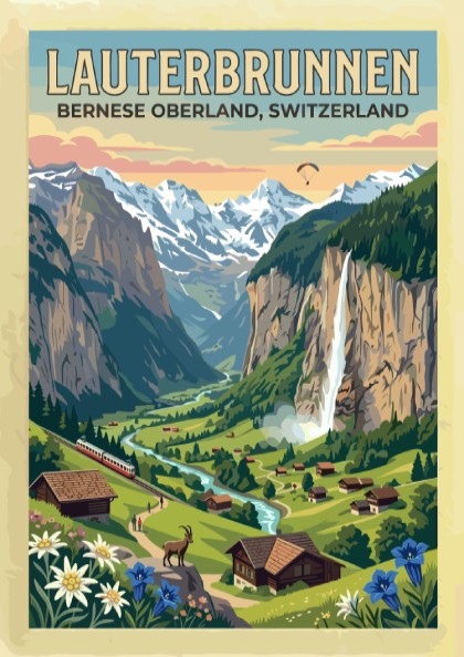 Travel poster featuring Lauterbrunnen Switzerland with waterfalls mountains wildflowers and a red train