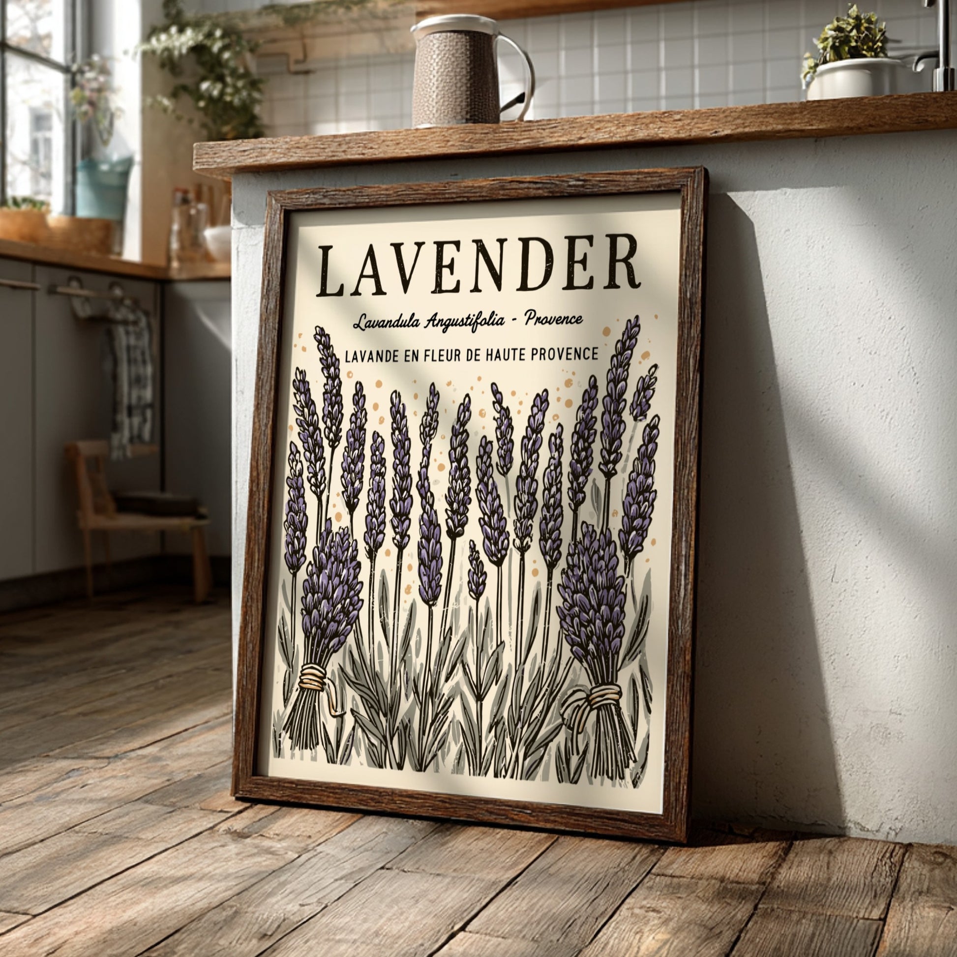 Lavender kitchen poster featuring purple flowers and vintage style for home decor