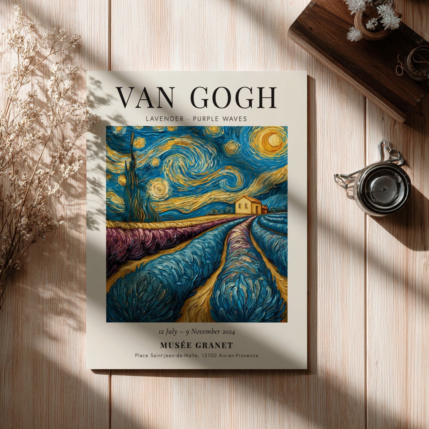 Lavender Purple Waves Poster featuring swirling lavender fields and starry night sky, inspired by Van Gogh