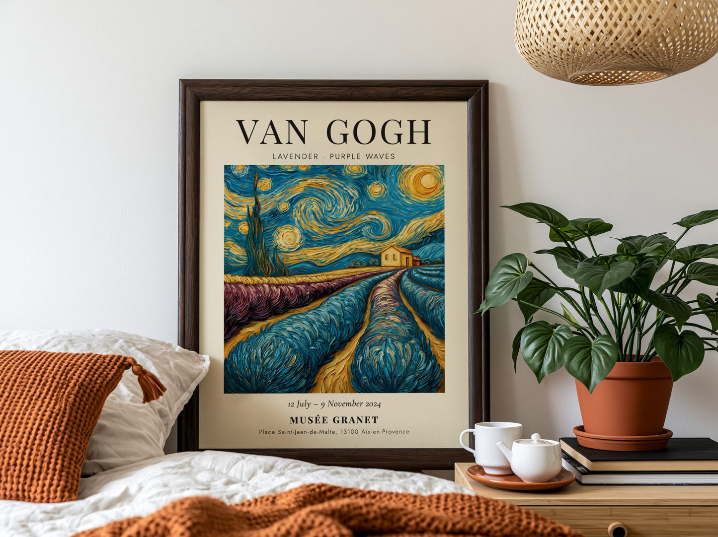 Lavender Purple Waves Poster featuring swirling lavender fields and starry night sky, inspired by Van Gogh