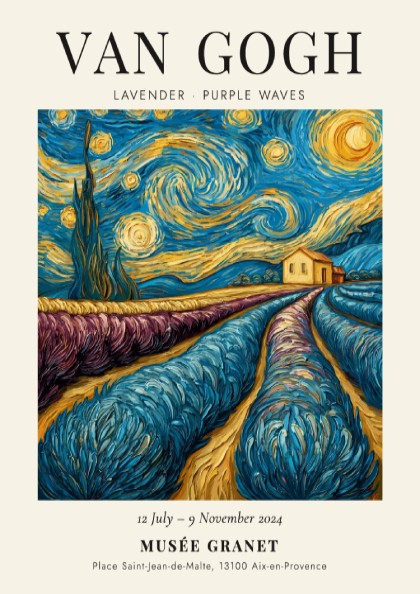 Lavender Purple Waves Poster featuring swirling lavender fields and starry night sky, inspired by Van Gogh