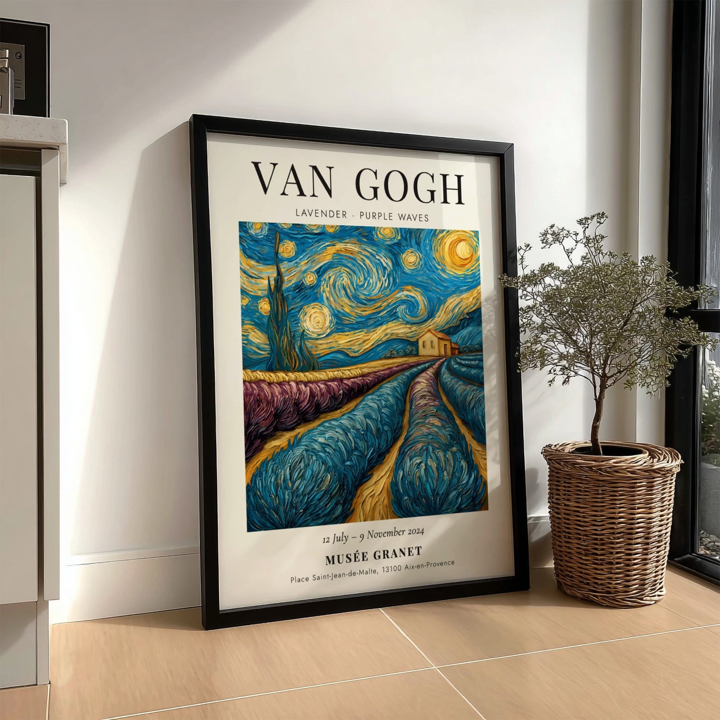 Lavender Purple Waves Poster featuring swirling lavender fields and starry night sky, inspired by Van Gogh