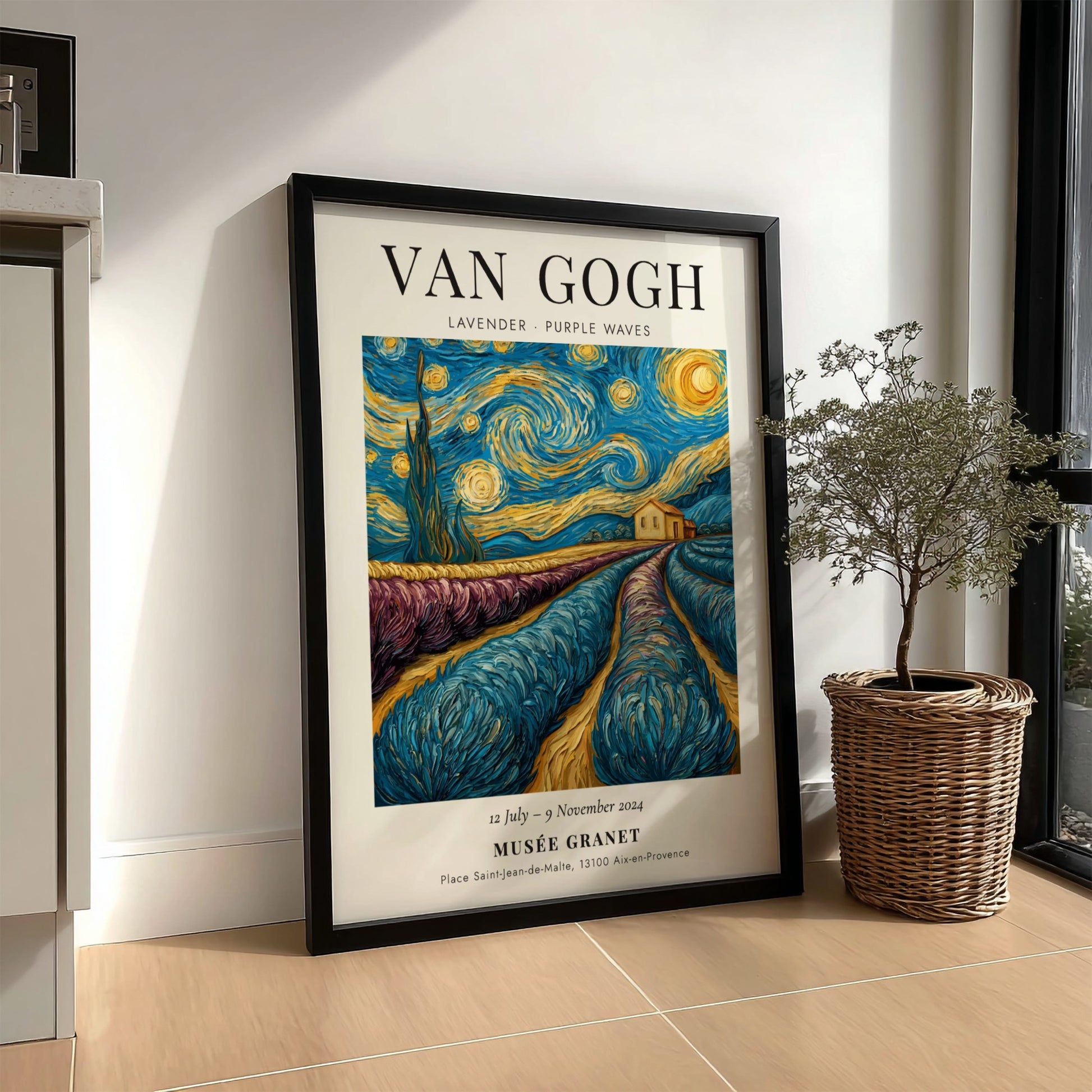 Lavender Purple Waves Poster featuring swirling lavender fields and starry night sky, inspired by Van Gogh