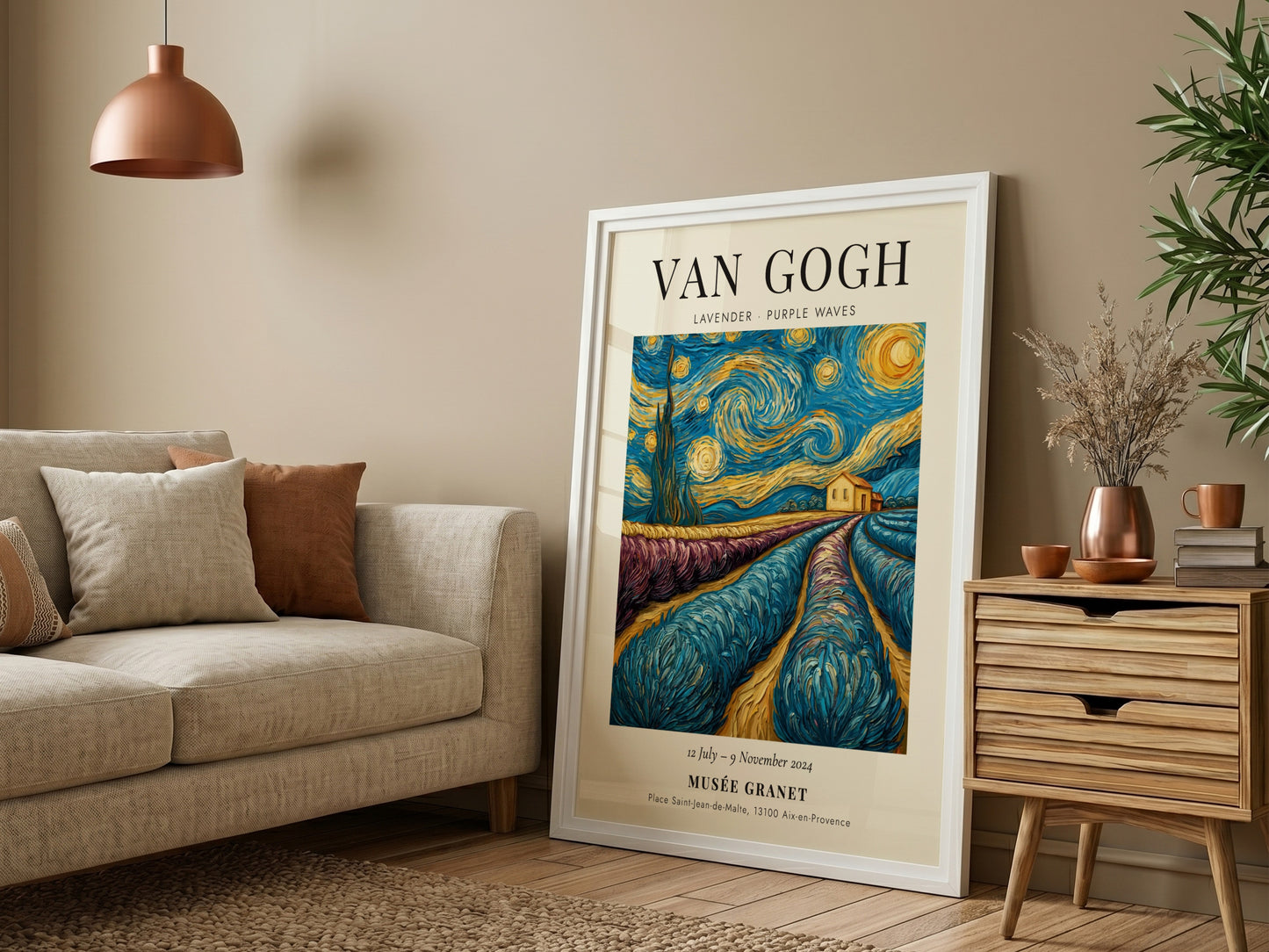 Lavender Purple Waves Poster featuring swirling lavender fields and starry night sky, inspired by Van Gogh
