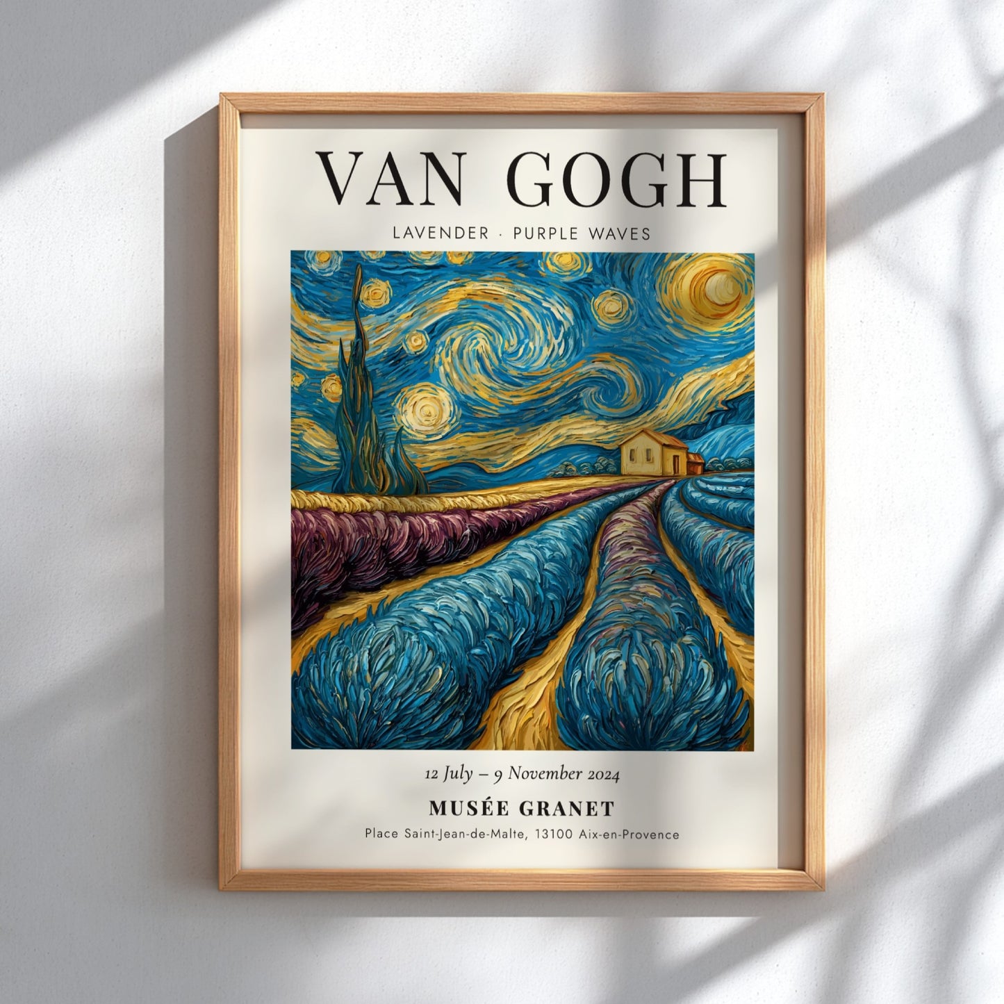 Lavender Purple Waves Poster featuring swirling lavender fields and starry night sky, inspired by Van Gogh