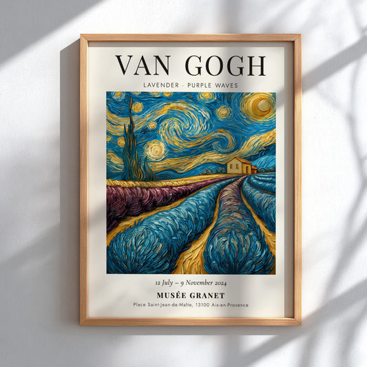 Lavender Purple Waves Poster featuring swirling lavender fields and starry night sky, inspired by Van Gogh