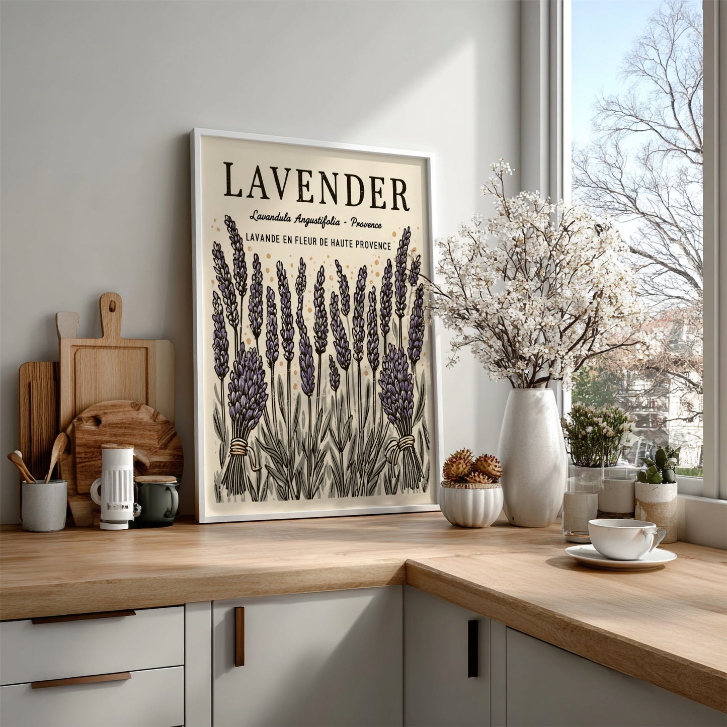 Lavender kitchen poster featuring purple flowers and vintage style for home decor