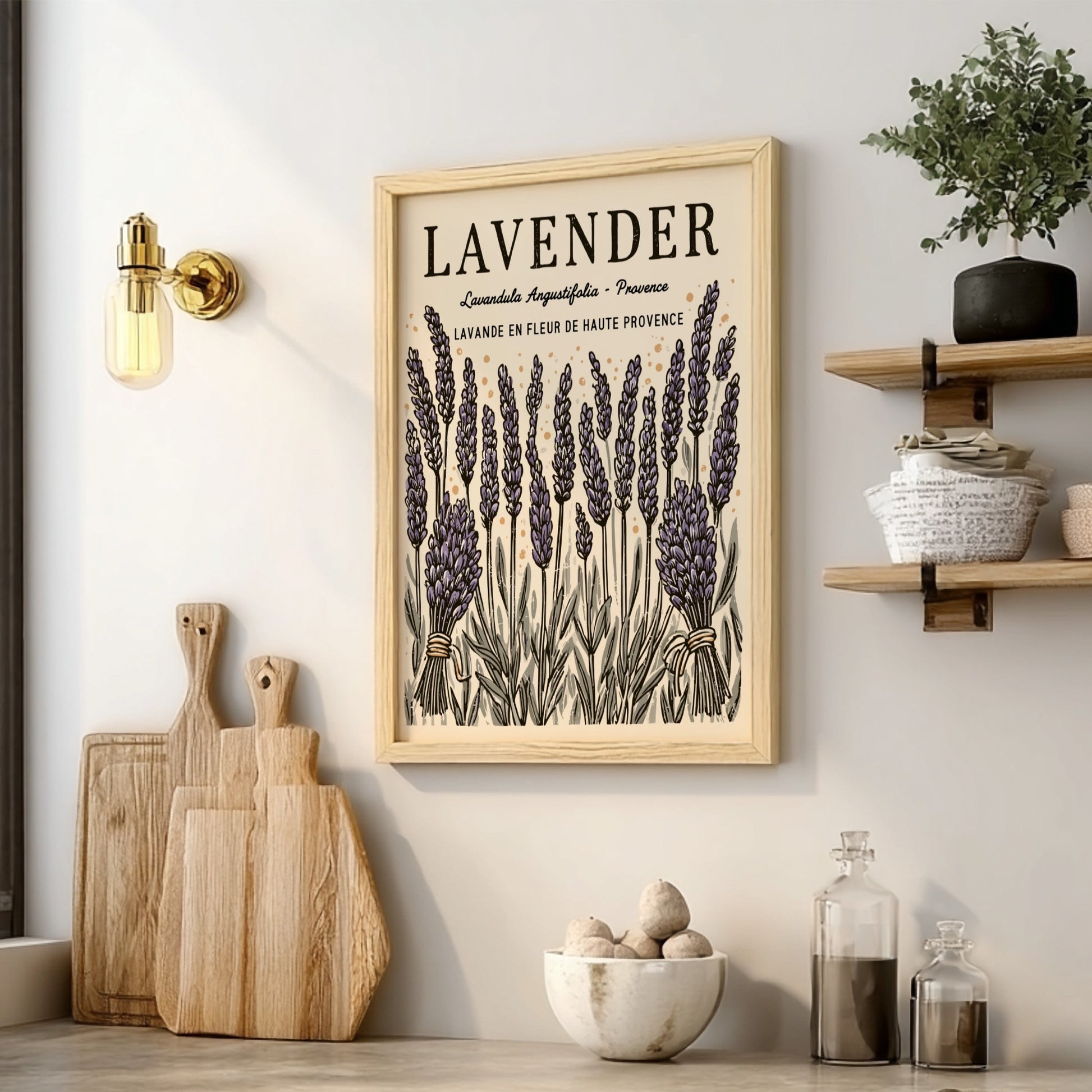 Lavender kitchen poster featuring purple flowers and vintage style for home decor