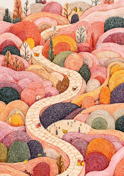 Whimsical Hills poster featuring a winding stone path through colorful, textured hills with butterflies and