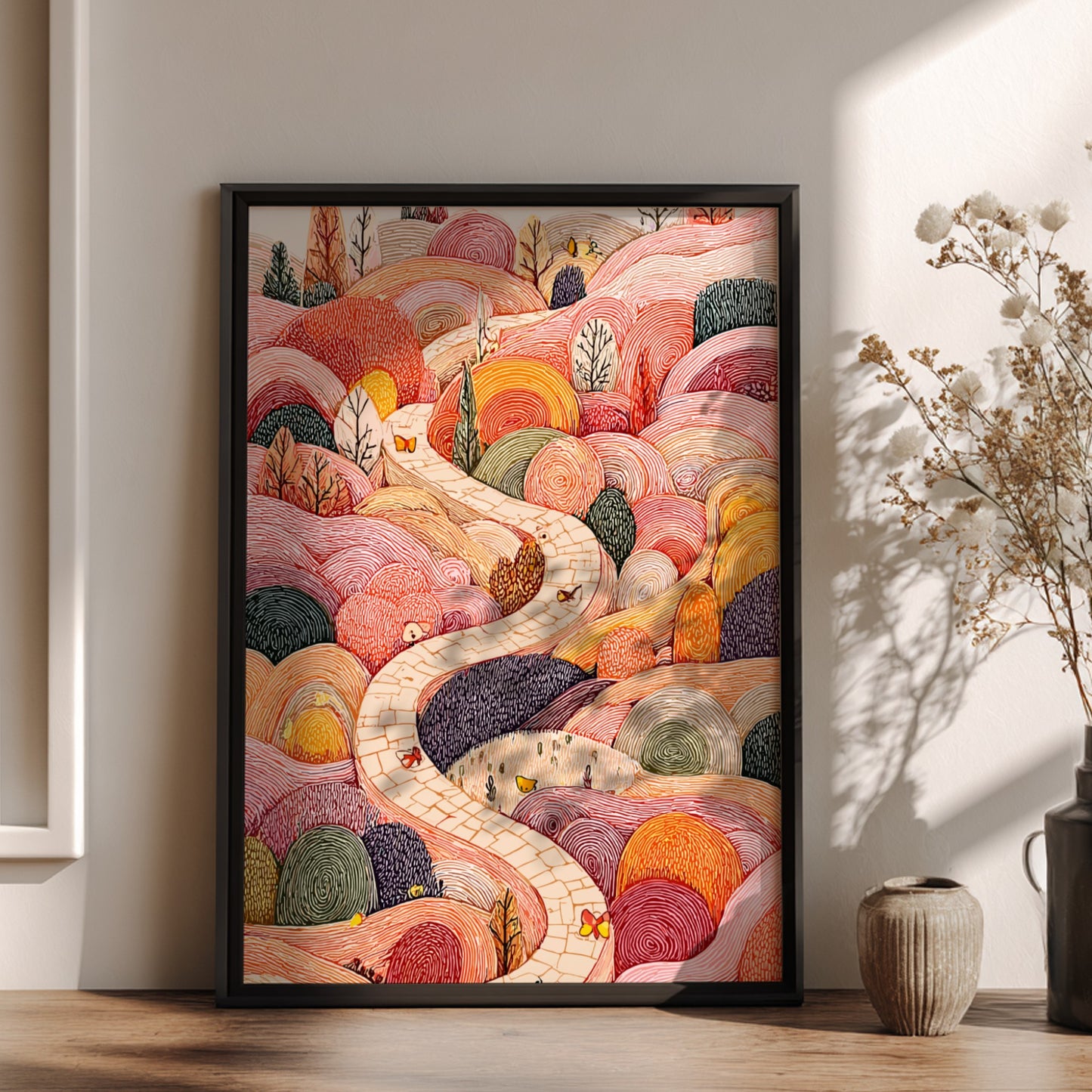 Whimsical Hills poster featuring a winding stone path through colorful, textured hills with butterflies and