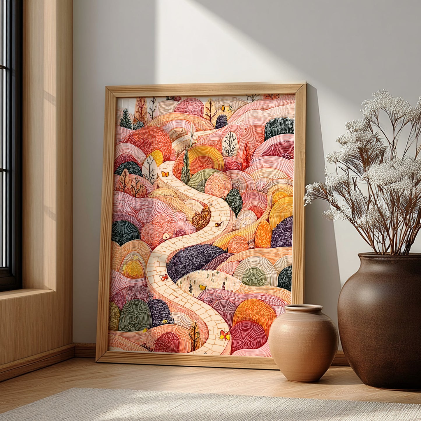 Whimsical Hills poster featuring a winding stone path through colorful, textured hills with butterflies and