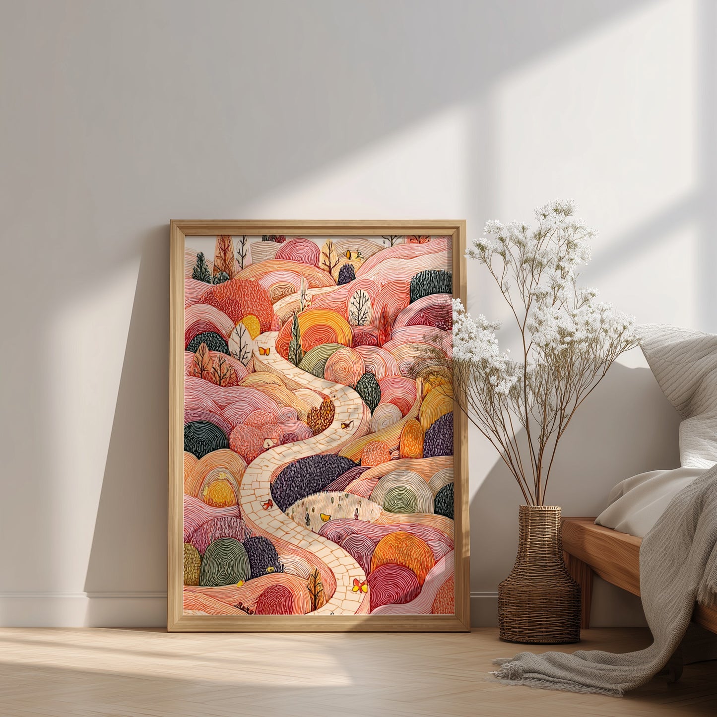 Whimsical Hills poster featuring a winding stone path through colorful, textured hills with butterflies and