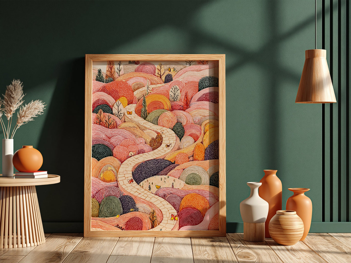 Whimsical Hills poster featuring a winding stone path through colorful, textured hills with butterflies and
