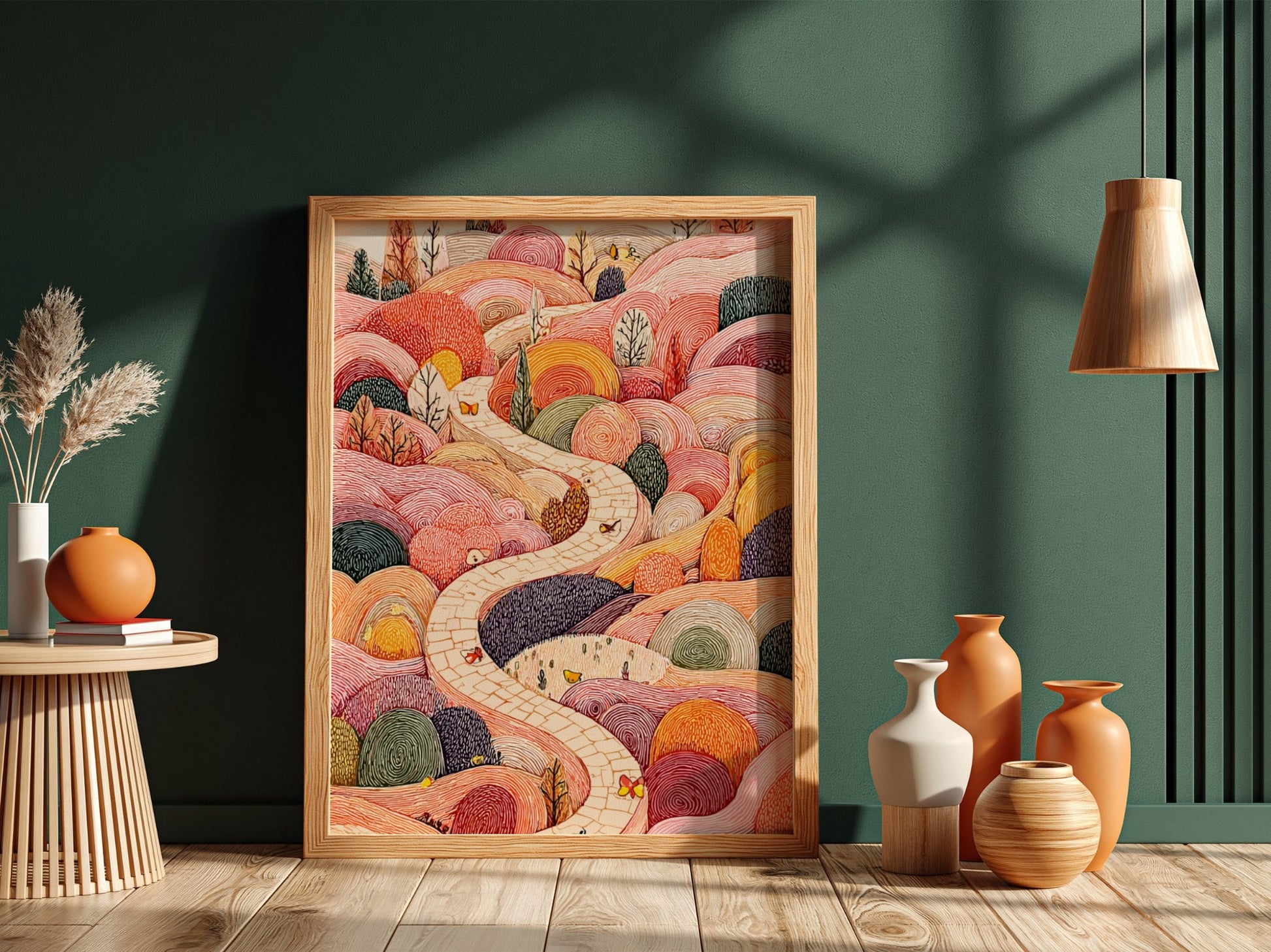 Whimsical Hills poster featuring a winding stone path through colorful, textured hills with butterflies and