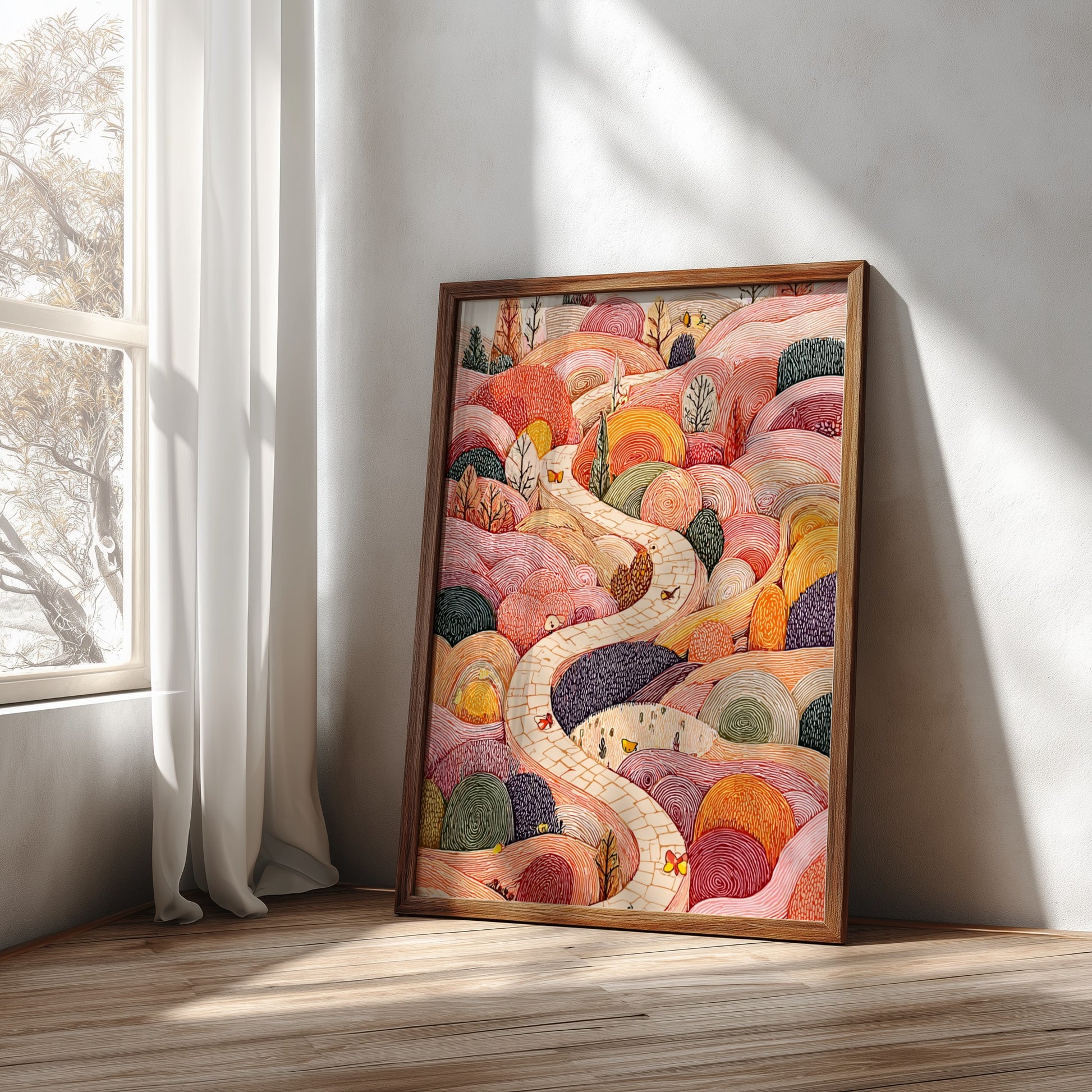Whimsical Hills poster featuring a winding stone path through colorful, textured hills with butterflies and