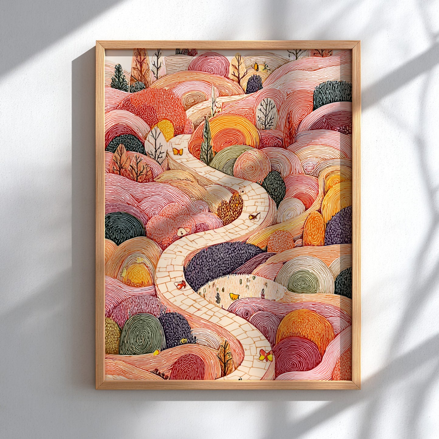 Whimsical Hills poster featuring a winding stone path through colorful, textured hills with butterflies and