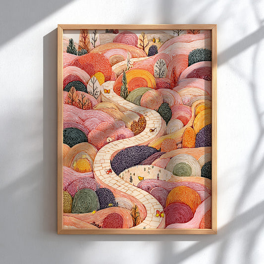 Whimsical Hills poster featuring a winding stone path through colorful, textured hills with butterflies and