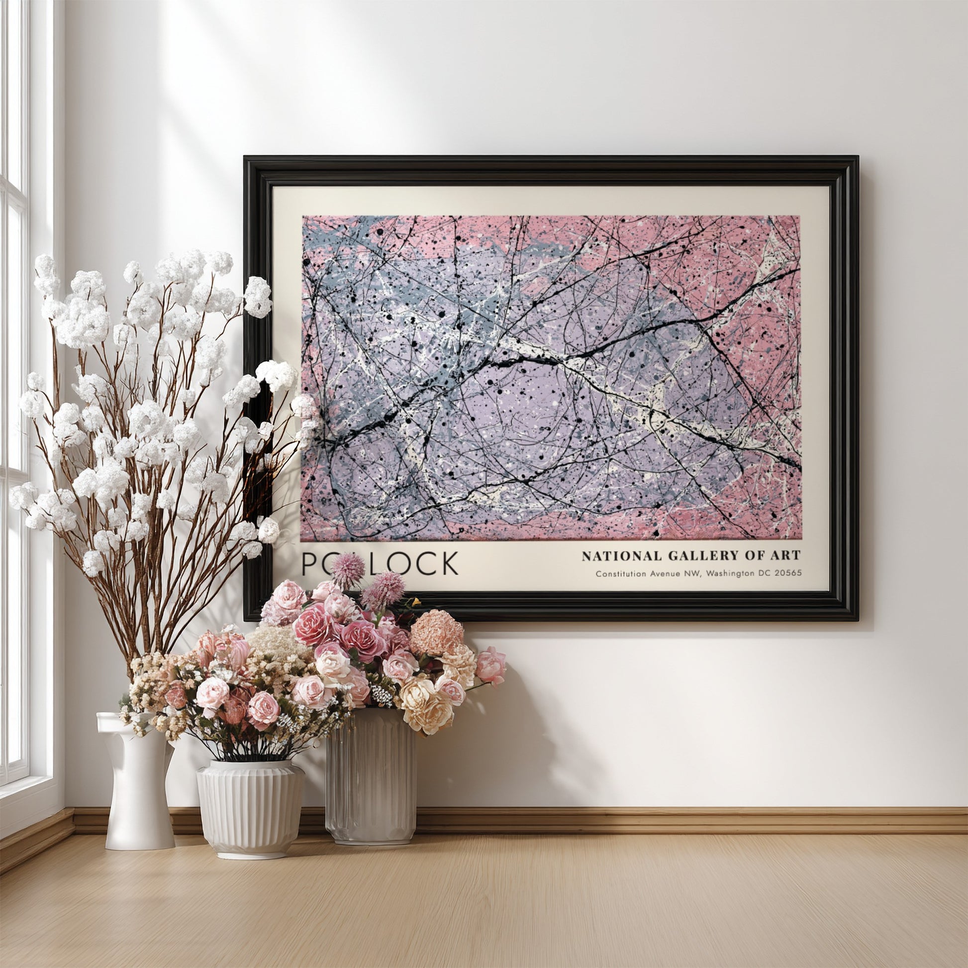 Wall art poster featuring Jackson Pollock Lavender Mist with pink and purple drip patterns
