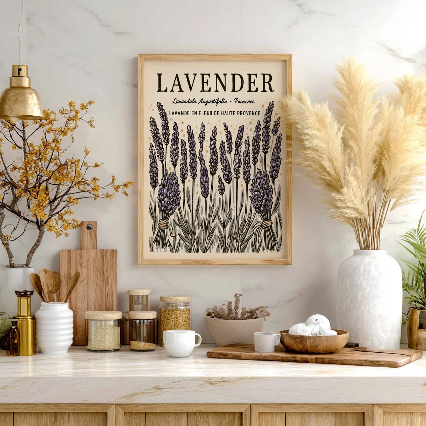 Lavender kitchen poster featuring purple flowers and vintage style for home decor