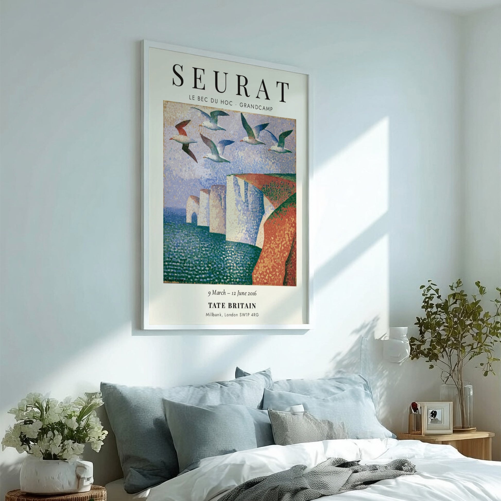 Seurat exhibition poster featuring Le Bec du Hoc - Grandcamp with vibrant colors and seagulls in a coastal