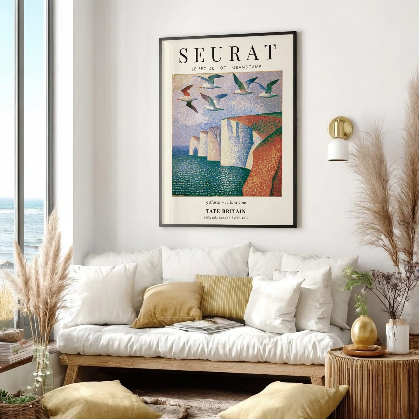 Seurat exhibition poster featuring Le Bec du Hoc - Grandcamp with vibrant colors and seagulls in a coastal
