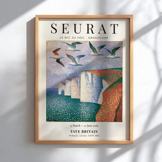 Seurat exhibition poster featuring Le Bec du Hoc - Grandcamp with vibrant colors and seagulls in a coastal