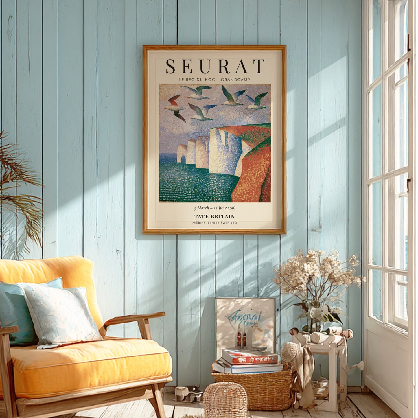Seurat exhibition poster featuring Le Bec du Hoc - Grandcamp with vibrant colors and seagulls in a coastal