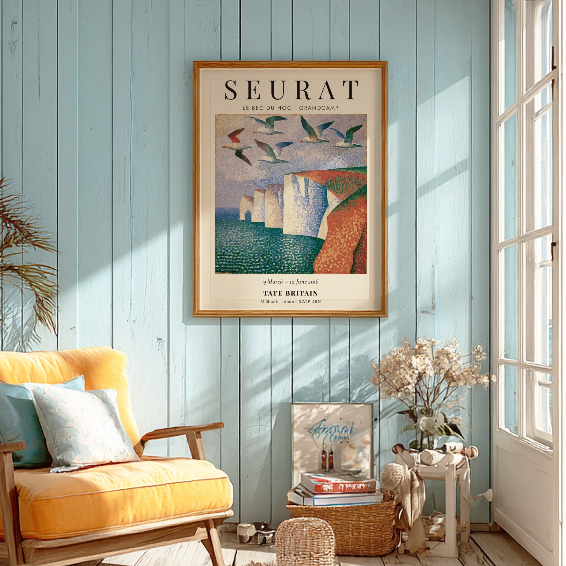 Seurat exhibition poster featuring Le Bec du Hoc - Grandcamp with vibrant colors and seagulls in a coastal