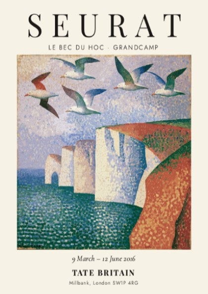 Seurat exhibition poster featuring Le Bec du Hoc - Grandcamp with vibrant colors and seagulls in a coastal