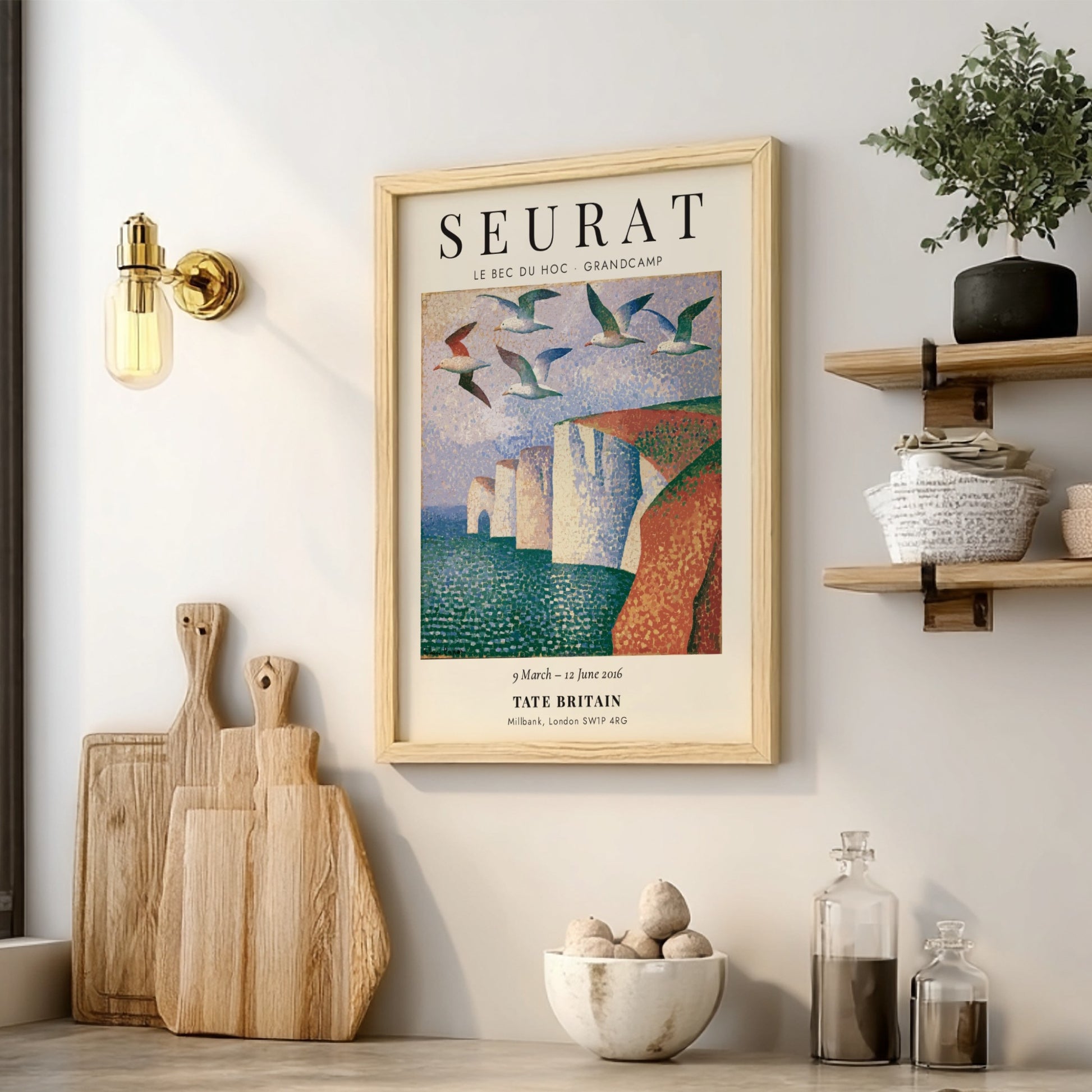 Seurat exhibition poster featuring Le Bec du Hoc - Grandcamp with vibrant colors and seagulls in a coastal