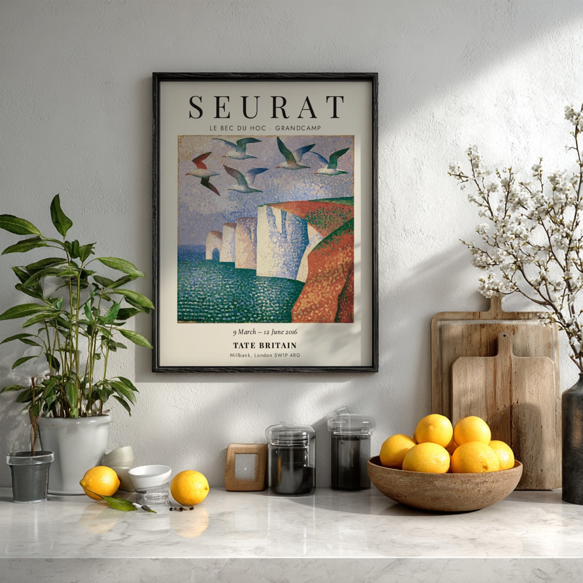 Seurat exhibition poster featuring Le Bec du Hoc - Grandcamp with vibrant colors and seagulls in a coastal