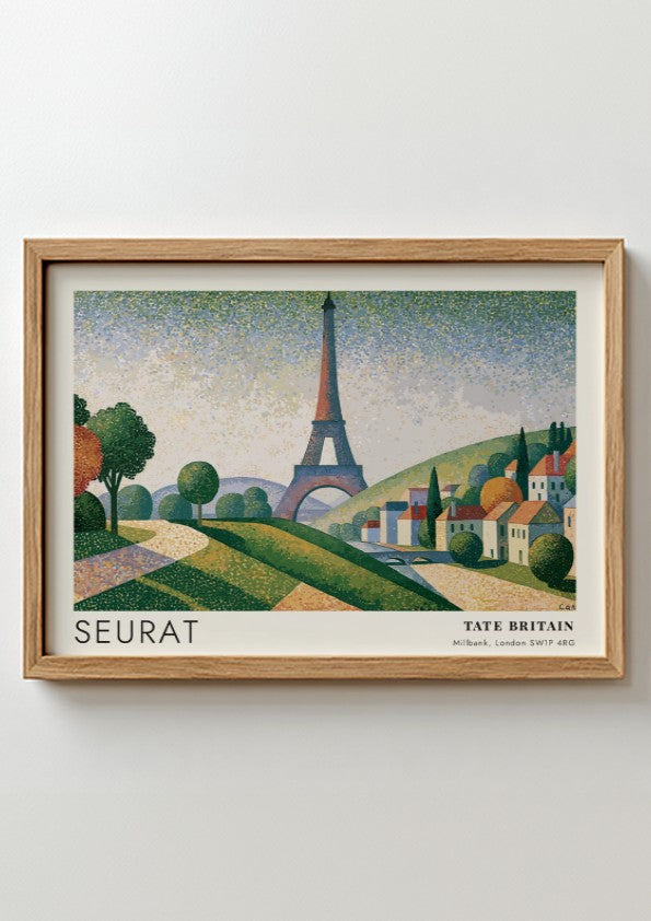 Wall art poster featuring Seurat Eiffel Tower exhibition design with pointillist landscape and hills