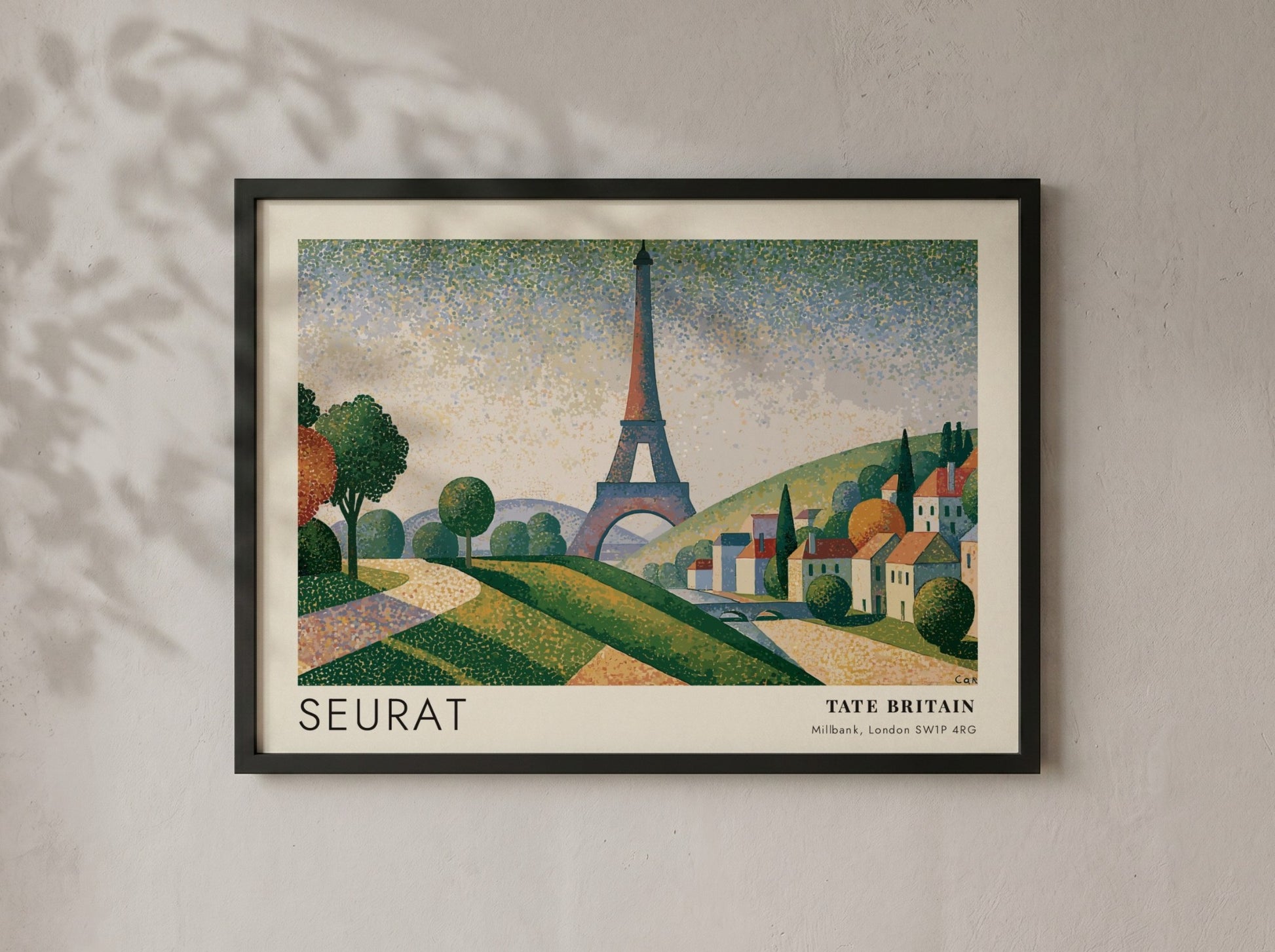 Wall art poster featuring Seurat Eiffel Tower exhibition design with pointillist landscape and hills
