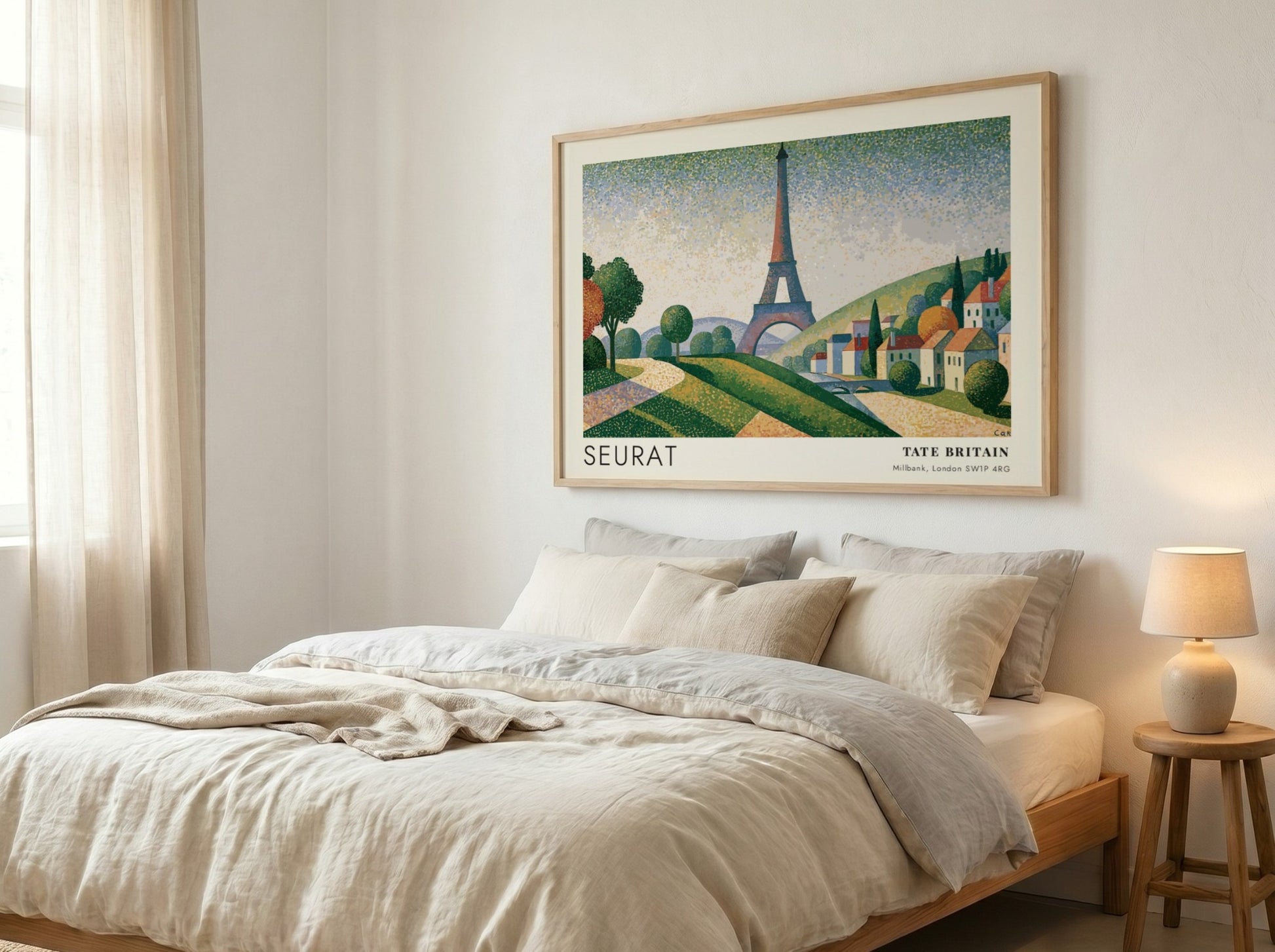 Wall art poster featuring Seurat Eiffel Tower exhibition design with pointillist landscape and hills