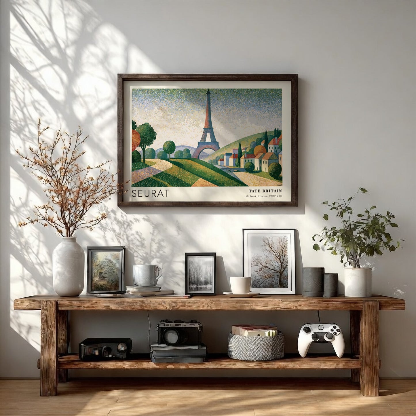 Wall art poster featuring Seurat Eiffel Tower exhibition design with pointillist landscape and hills