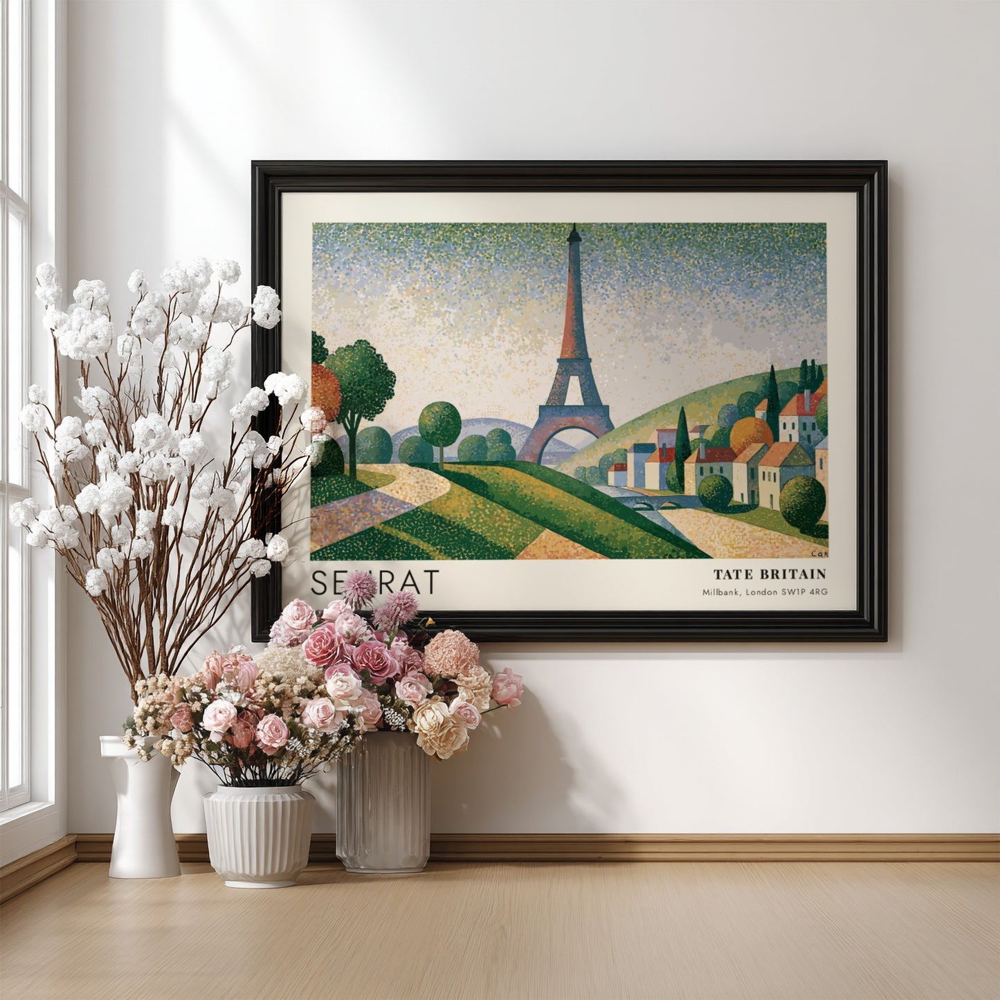 Wall art poster featuring Seurat Eiffel Tower exhibition design with pointillist landscape and hills